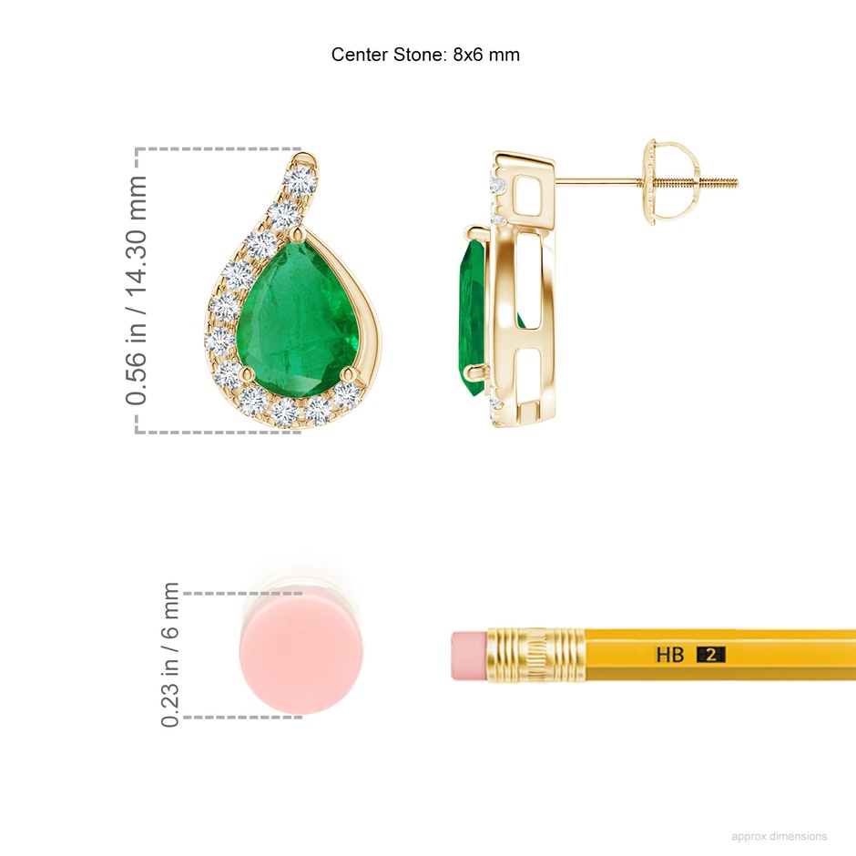 8x6mm AA Pear Emerald Earrings with Diamond Swirl Frame in Yellow Gold ruler