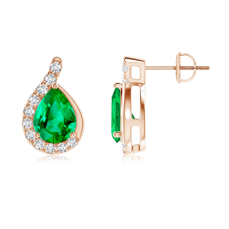 8x6mm AAA Pear Emerald Earrings with Diamond Swirl Frame in Rose Gold side 199