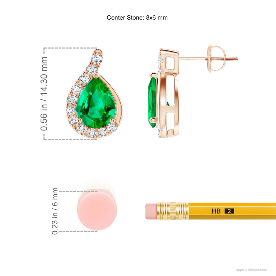 8x6mm AAA Pear Emerald Earrings with Diamond Swirl Frame in Rose Gold ruler
