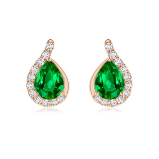 8x6mm AAAA Pear Emerald Earrings with Diamond Swirl Frame in 9K Rose Gold