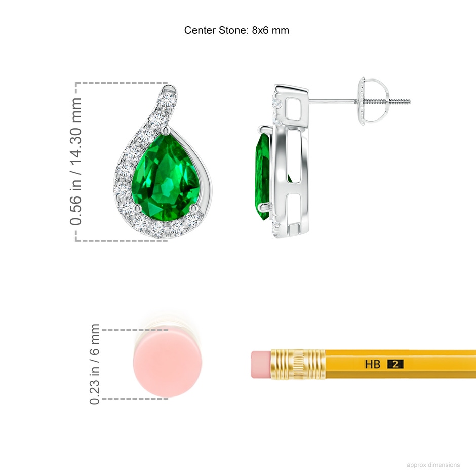 8x6mm AAAA Pear Emerald Earrings with Diamond Swirl Frame in P950 Platinum ruler