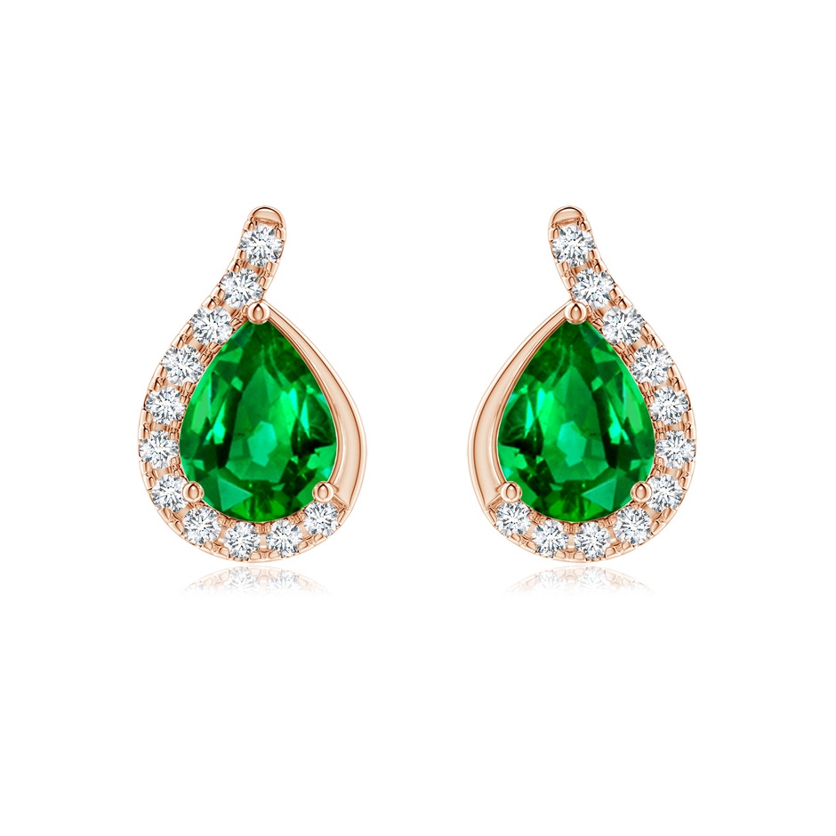 8x6mm AAAA Pear Emerald Earrings with Diamond Swirl Frame in Rose Gold 
