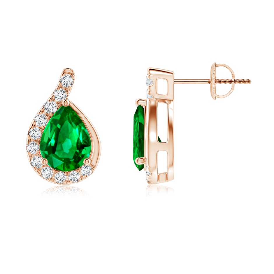 8x6mm AAAA Pear Emerald Earrings with Diamond Swirl Frame in Rose Gold side 199
