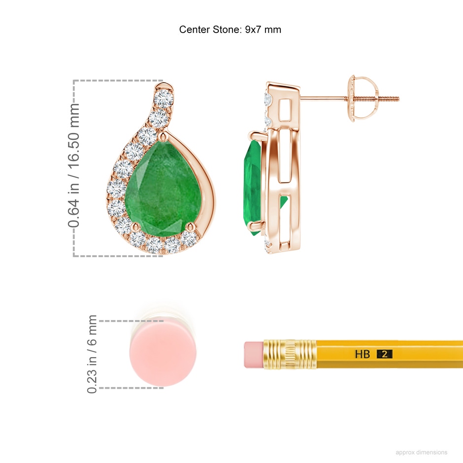 9x7mm A Pear Emerald Earrings with Diamond Swirl Frame in 18K Rose Gold ruler