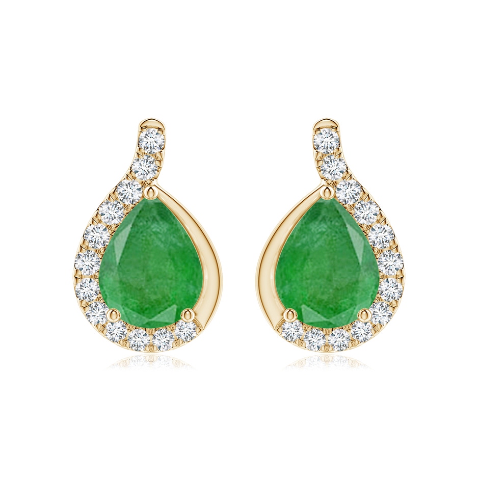9x7mm A Pear Emerald Earrings with Diamond Swirl Frame in Yellow Gold 