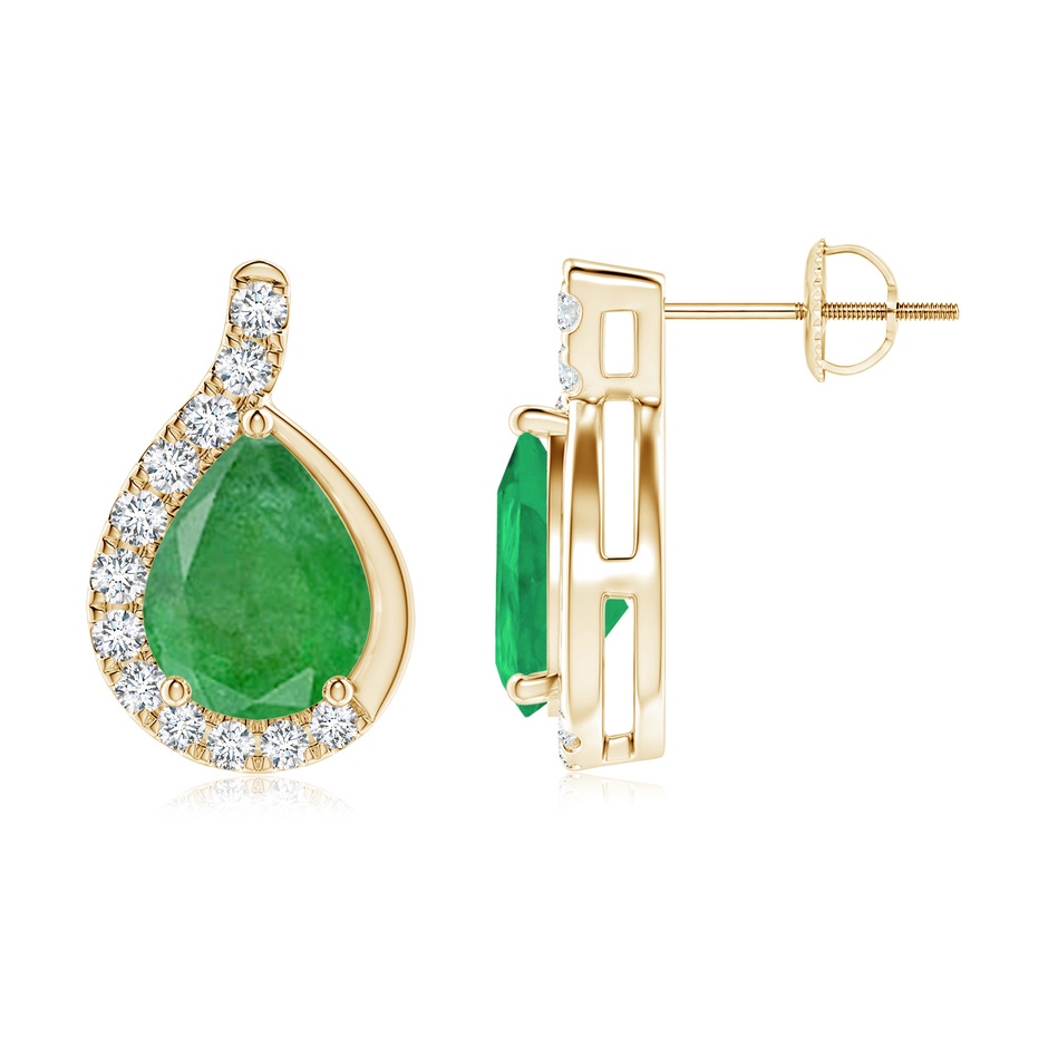 9x7mm A Pear Emerald Earrings with Diamond Swirl Frame in Yellow Gold side 199