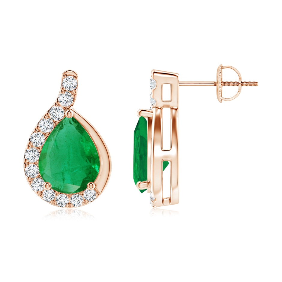 9x7mm AA Pear Emerald Earrings with Diamond Swirl Frame in Rose Gold side 199
