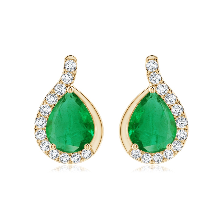 9x7mm AA Pear Emerald Earrings with Diamond Swirl Frame in Yellow Gold 