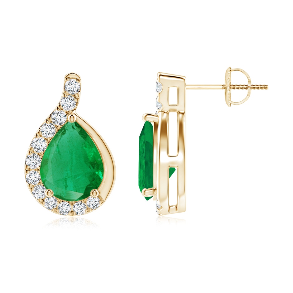 9x7mm AA Pear Emerald Earrings with Diamond Swirl Frame in Yellow Gold side 199