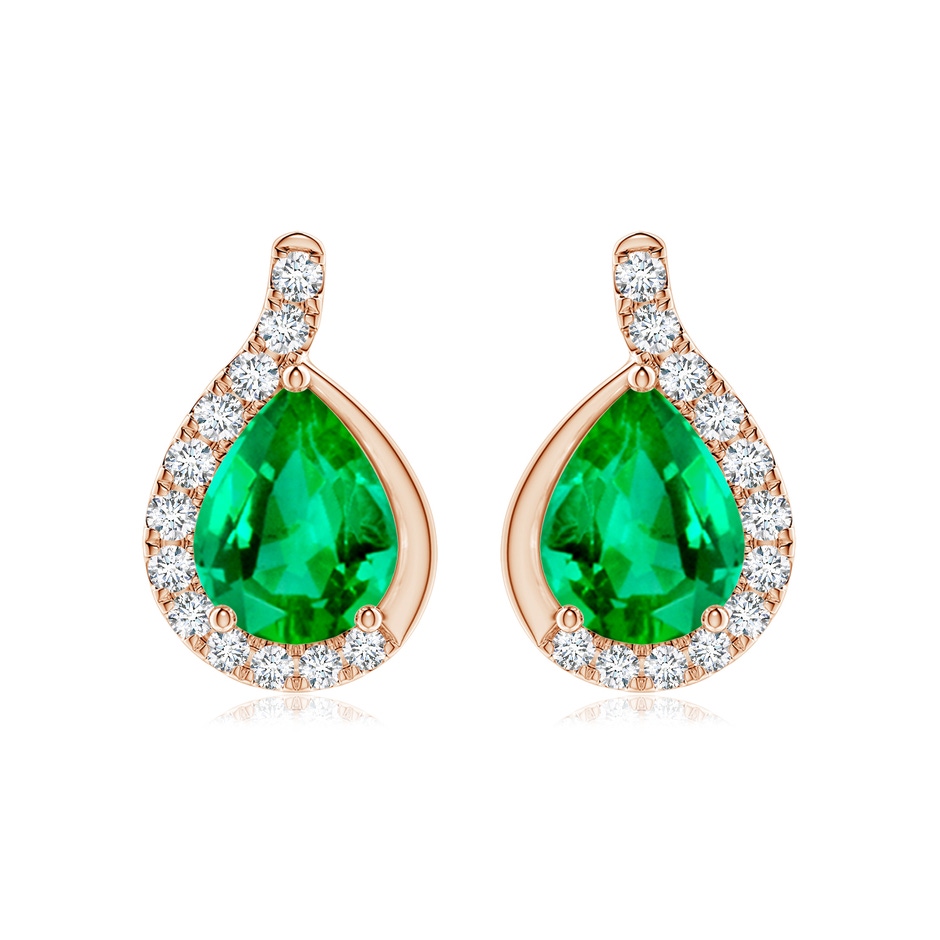 9x7mm AAA Pear Emerald Earrings with Diamond Swirl Frame in Rose Gold 