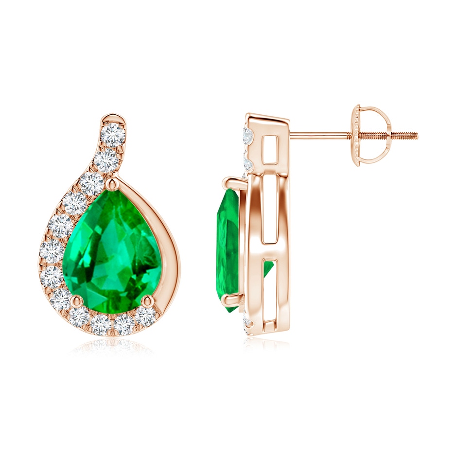 9x7mm AAA Pear Emerald Earrings with Diamond Swirl Frame in Rose Gold side 199