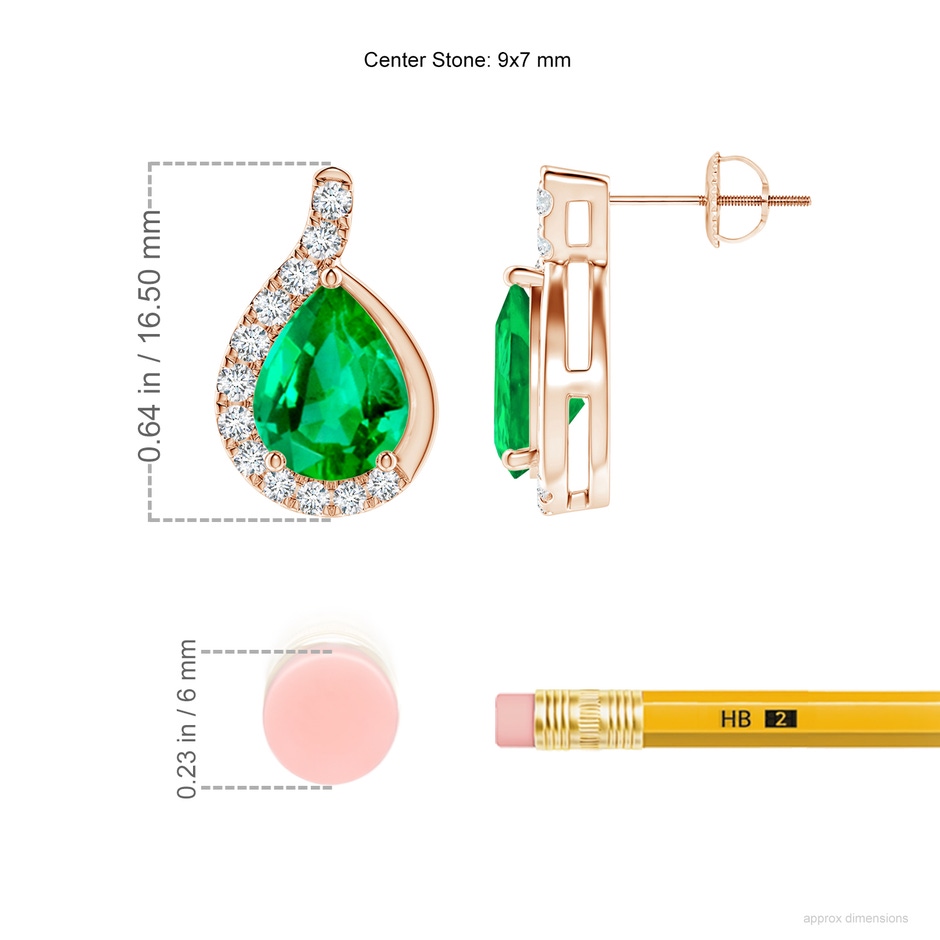 9x7mm AAA Pear Emerald Earrings with Diamond Swirl Frame in Rose Gold ruler
