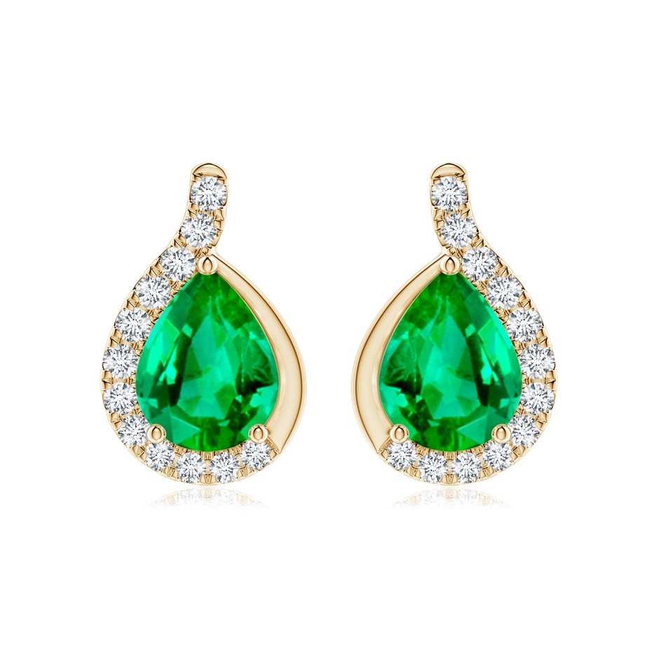 9x7mm AAA Pear Emerald Earrings with Diamond Swirl Frame in Yellow Gold 