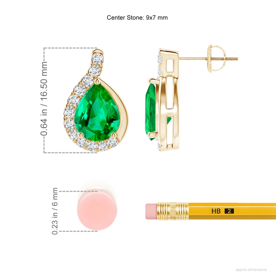 9x7mm AAA Pear Emerald Earrings with Diamond Swirl Frame in Yellow Gold ruler