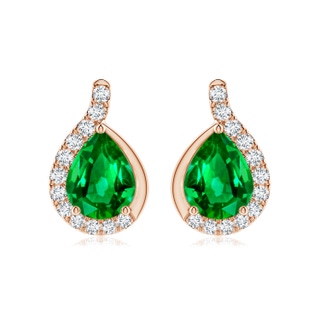 9x7mm AAAA Pear Emerald Earrings with Diamond Swirl Frame in 10K Rose Gold