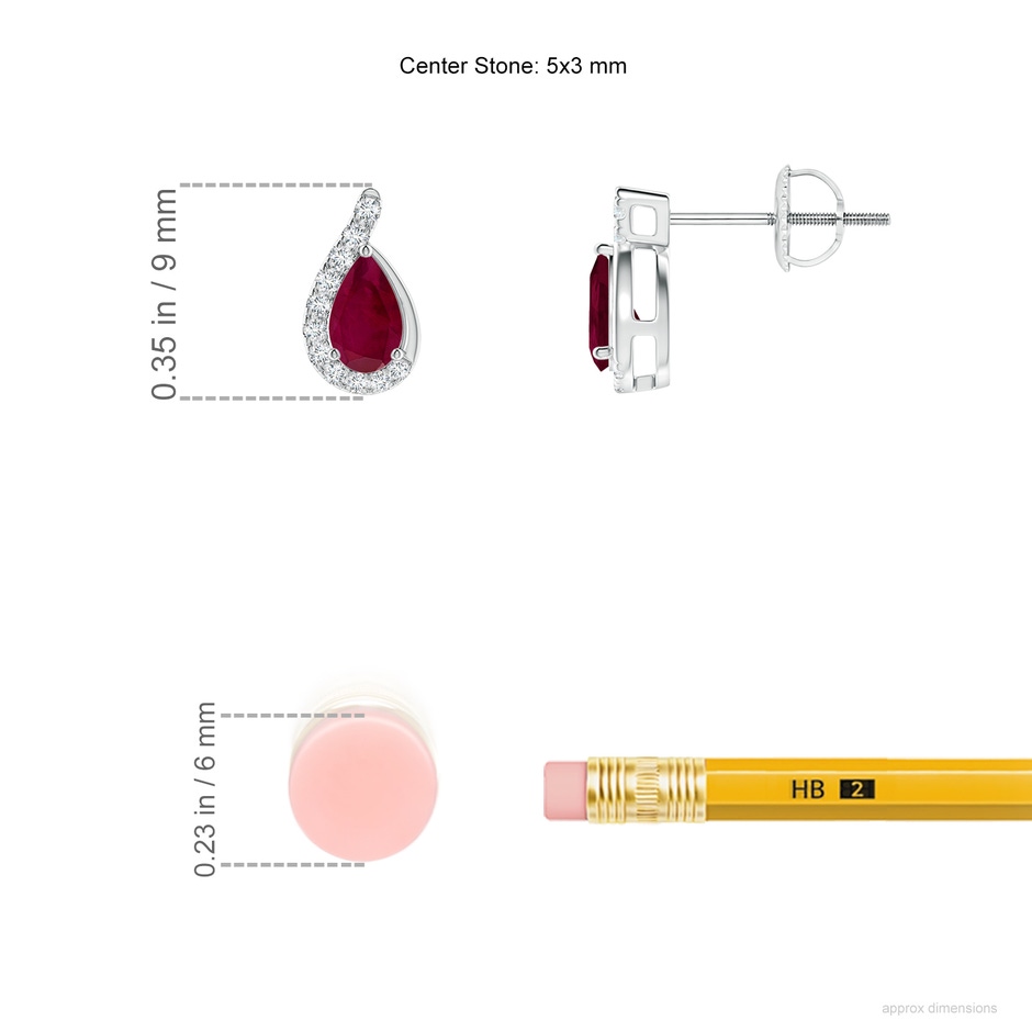 5x3mm A Pear Ruby Earrings with Diamond Swirl Frame in 18K White Gold ruler