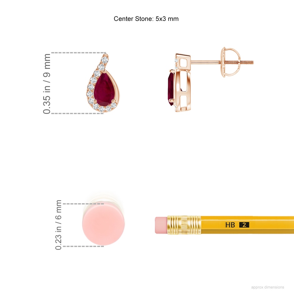 5x3mm A Pear Ruby Earrings with Diamond Swirl Frame in Rose Gold ruler