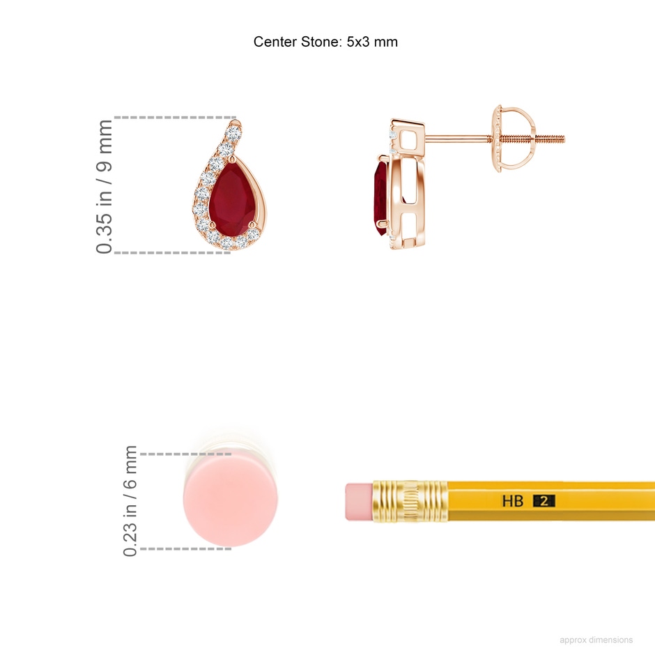 5x3mm AA Pear Ruby Earrings with Diamond Swirl Frame in Rose Gold ruler