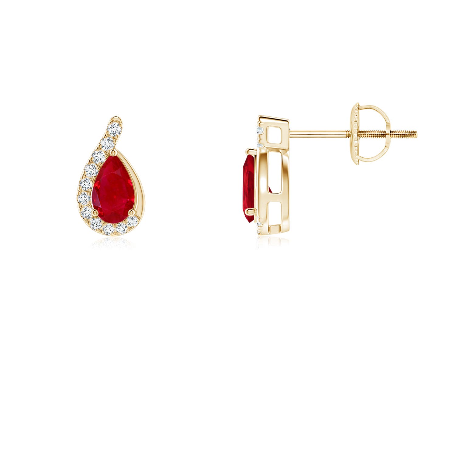 5x3mm AAA Pear Ruby Earrings with Diamond Swirl Frame in Yellow Gold - side 3