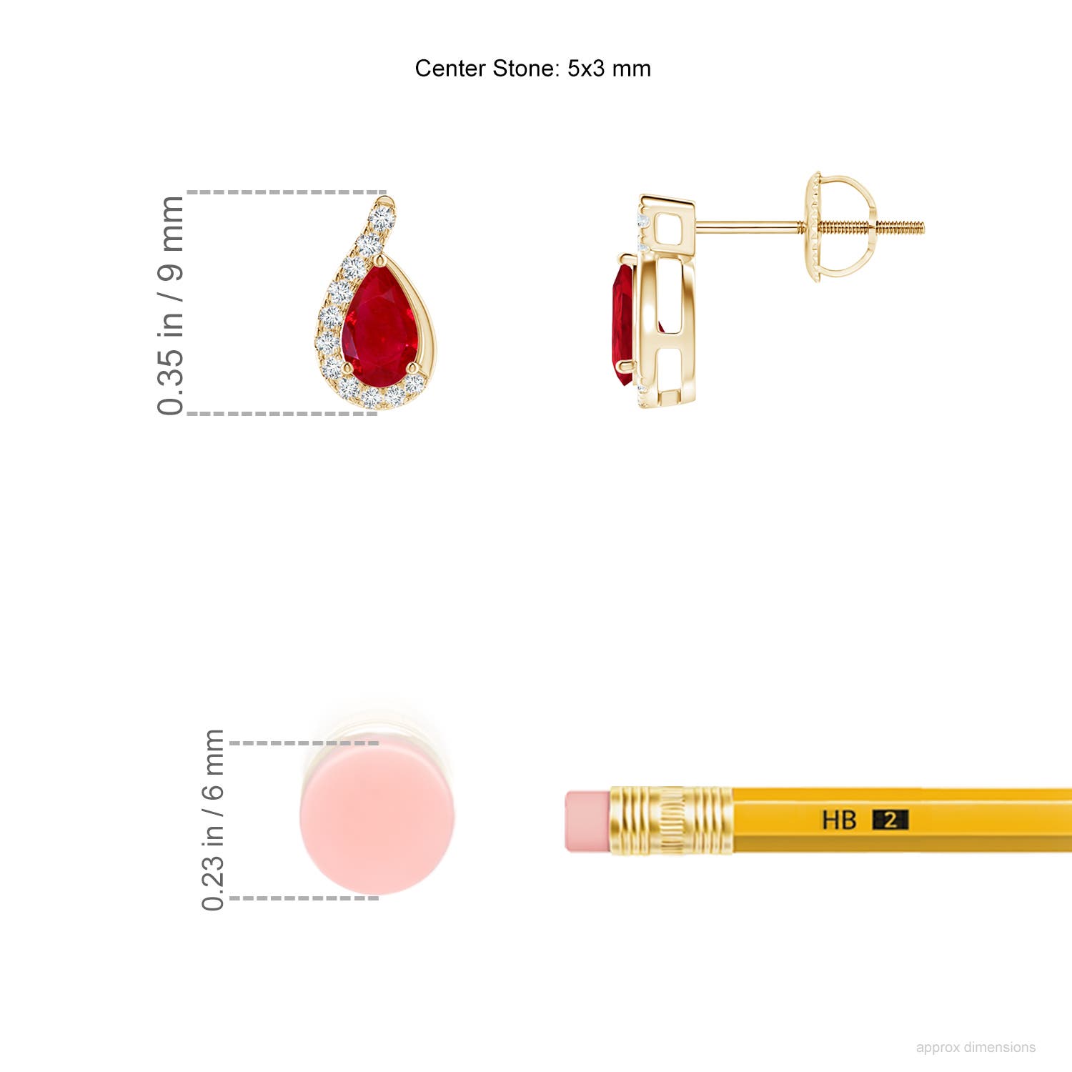 5x3mm AAA Pear Ruby Earrings with Diamond Swirl Frame in Yellow Gold - ruler