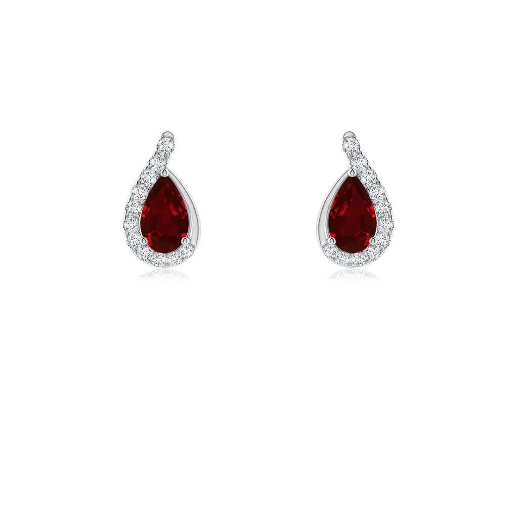 5x3mm AAAA Pear Ruby Earrings with Diamond Swirl Frame in 18K White Gold