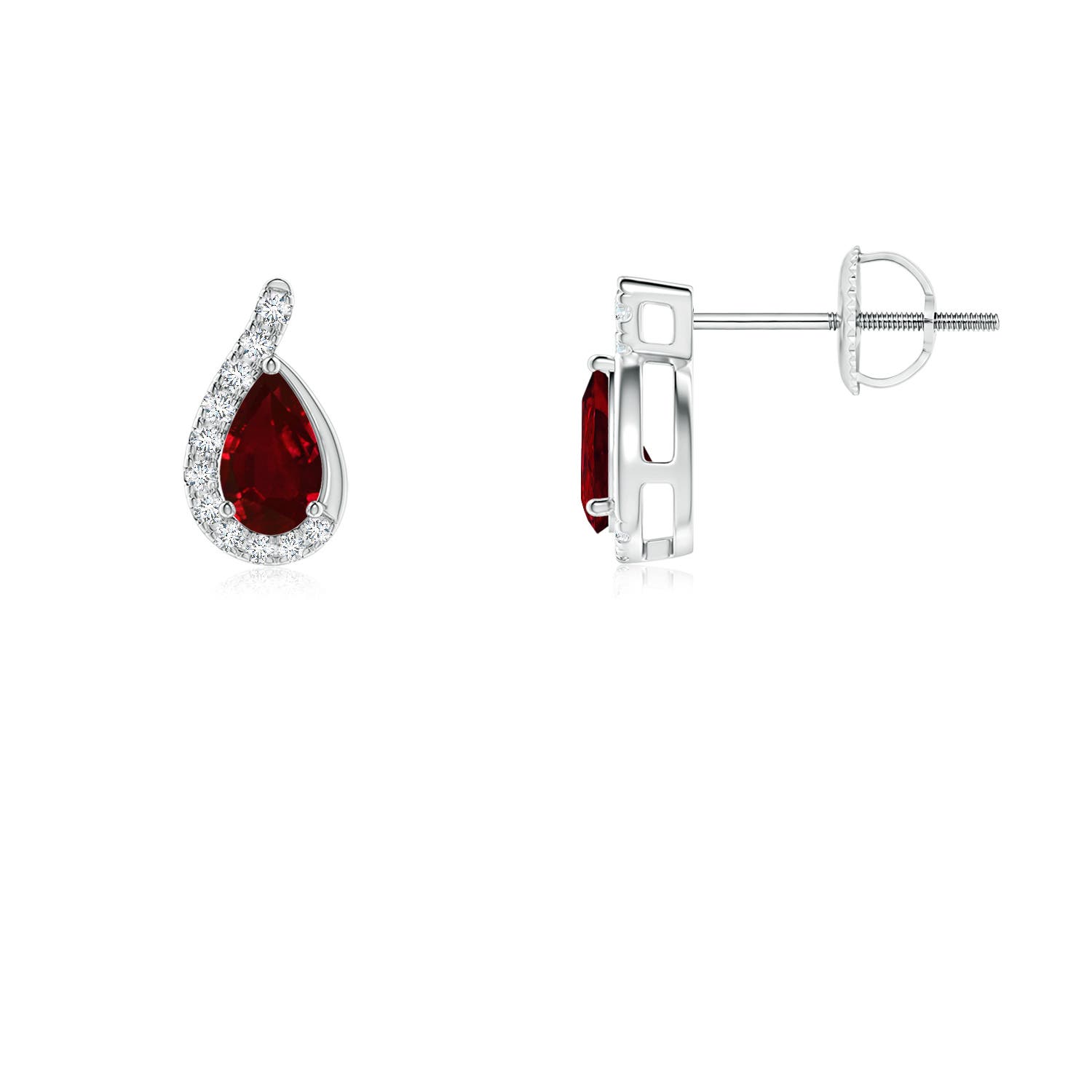 5x3mm AAAA Pear Ruby Earrings with Diamond Swirl Frame in 18CT White Gold - side 3