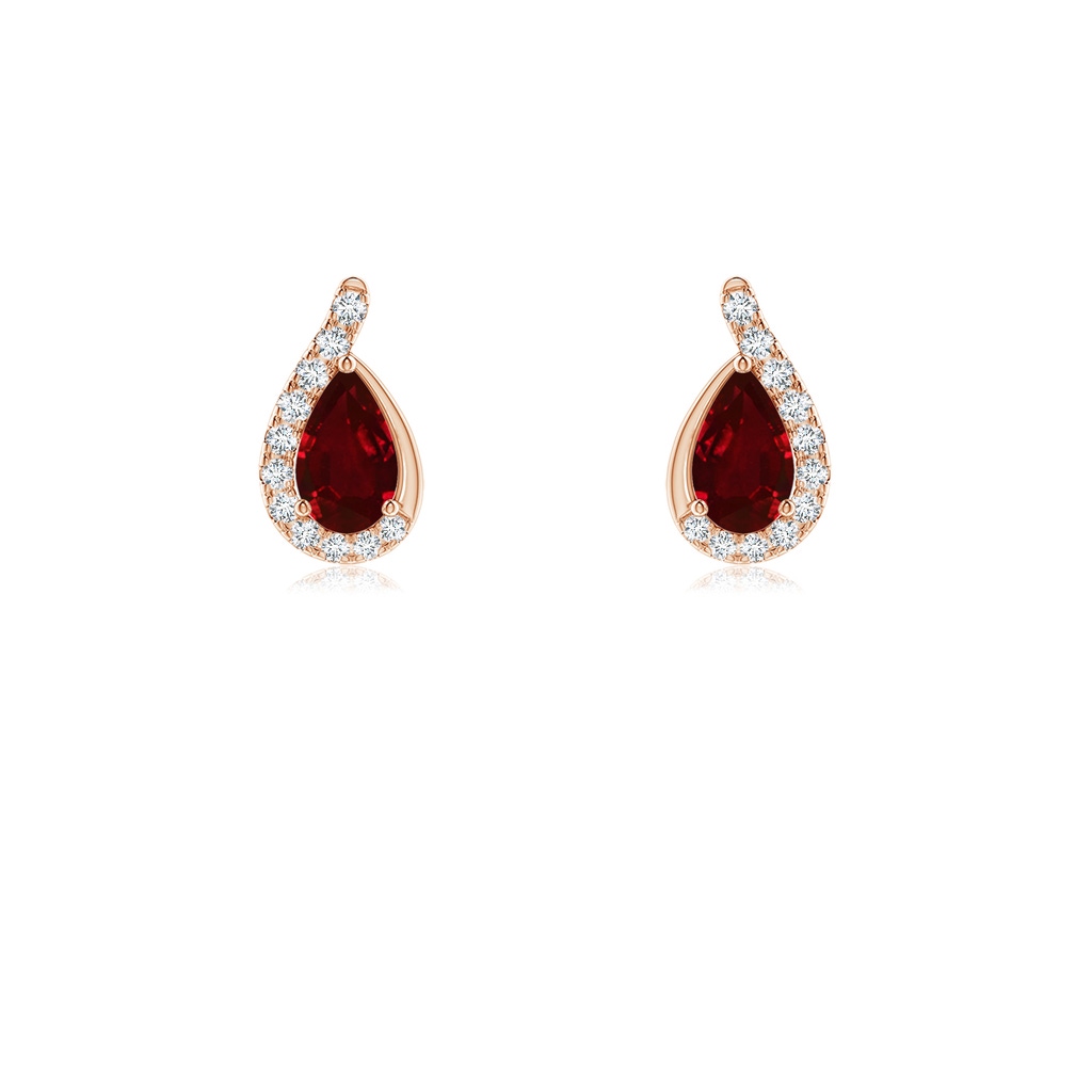 5x3mm AAAA Pear Ruby Earrings with Diamond Swirl Frame in Rose Gold 