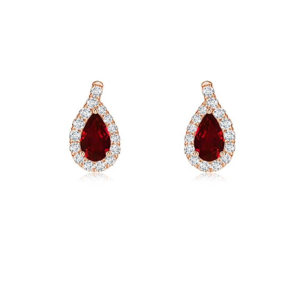 5x3mm AAAA Pear Ruby Earrings with Diamond Swirl Frame in Rose Gold