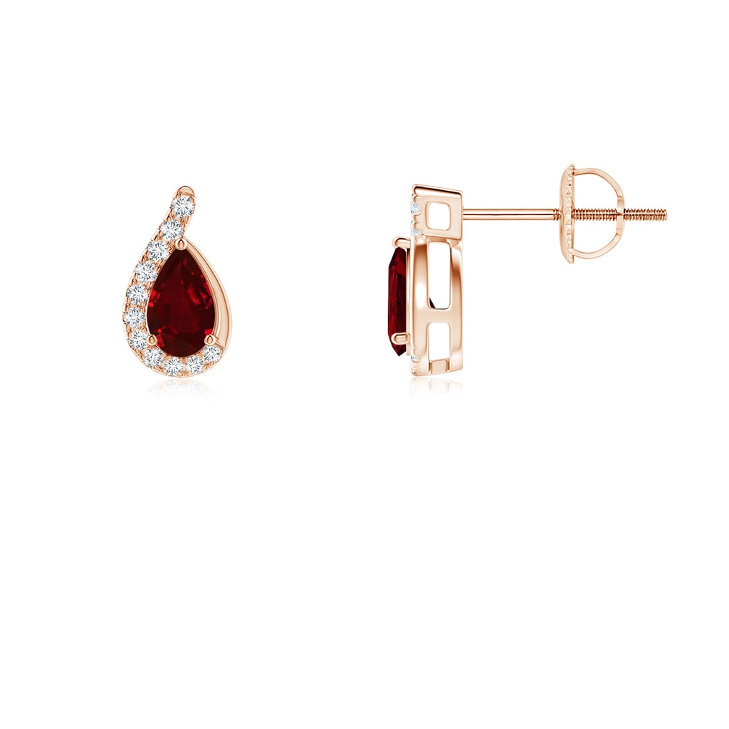 5x3mm AAAA Pear Ruby Earrings with Diamond Swirl Frame in Rose Gold Side 199