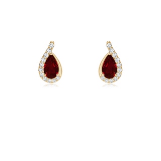 5x3mm AAAA Pear Ruby Earrings with Diamond Swirl Frame in Yellow Gold