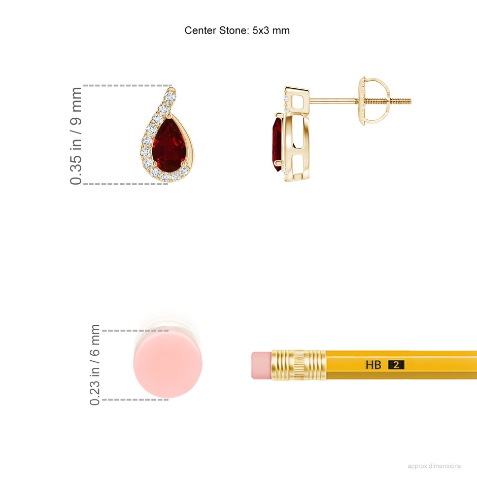 5x3mm AAAA Pear Ruby Earrings with Diamond Swirl Frame in Yellow Gold ruler