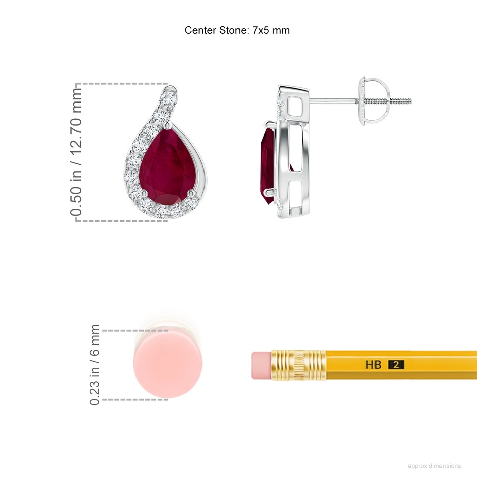 7x5mm A Pear Ruby Earrings with Diamond Swirl Frame in P950 Platinum ruler