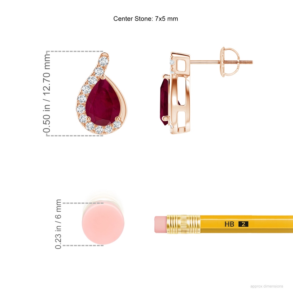 7x5mm A Pear Ruby Earrings with Diamond Swirl Frame in Rose Gold ruler