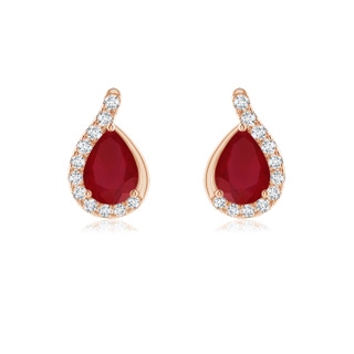 7x5mm AA Pear Ruby Earrings with Diamond Swirl Frame in 10K Rose Gold