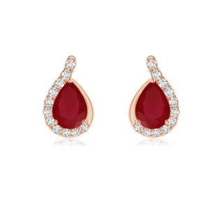7x5mm AA Pear Ruby Earrings with Diamond Swirl Frame in 9K Rose Gold
