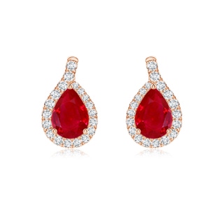 7x5mm AAA Pear Ruby Earrings with Diamond Swirl Frame in Rose Gold