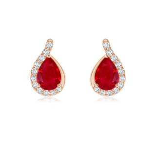 7x5mm AAA Pear Ruby Earrings with Diamond Swirl Frame in Rose Gold