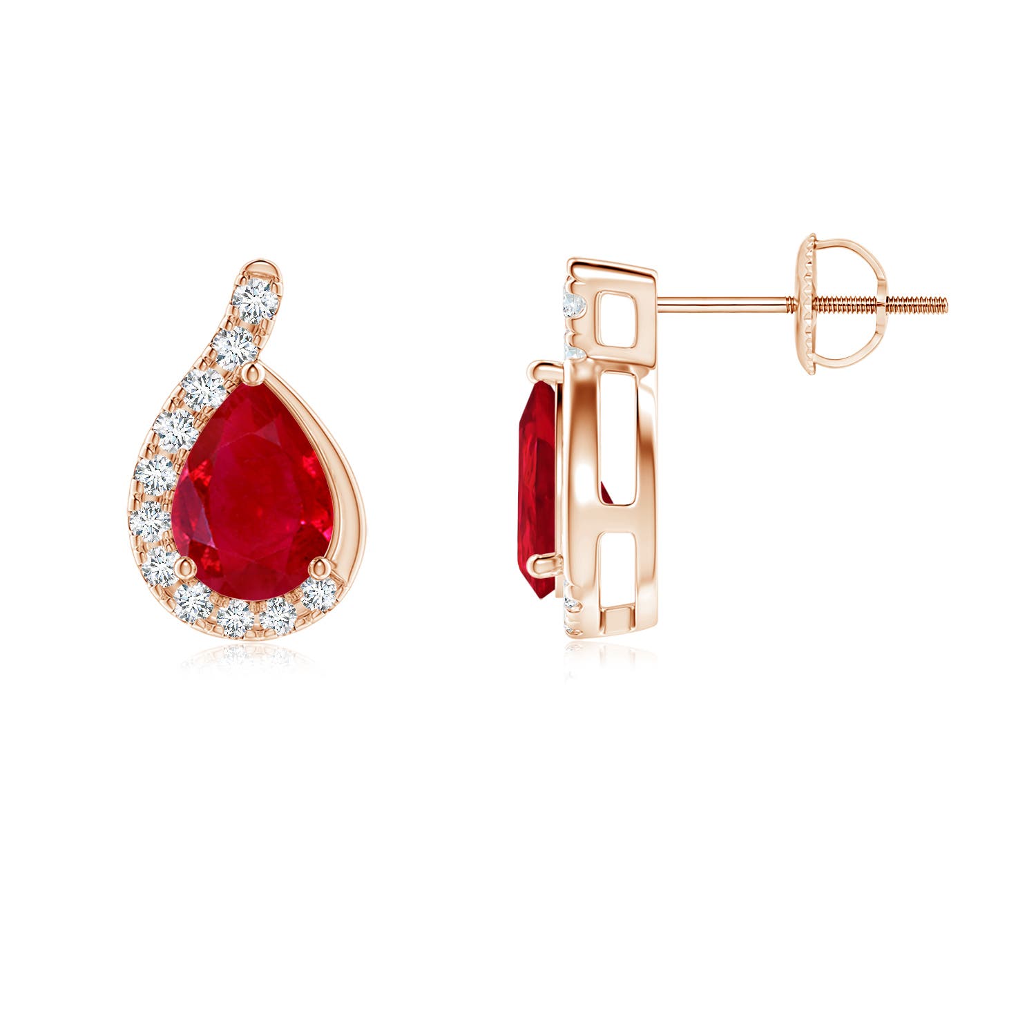 7x5mm AAA Pear Ruby Earrings with Diamond Swirl Frame in Rose Gold