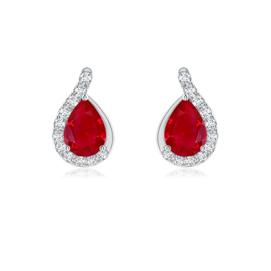 7x5mm AAA Pear Ruby Earrings with Diamond Swirl Frame in White Gold 