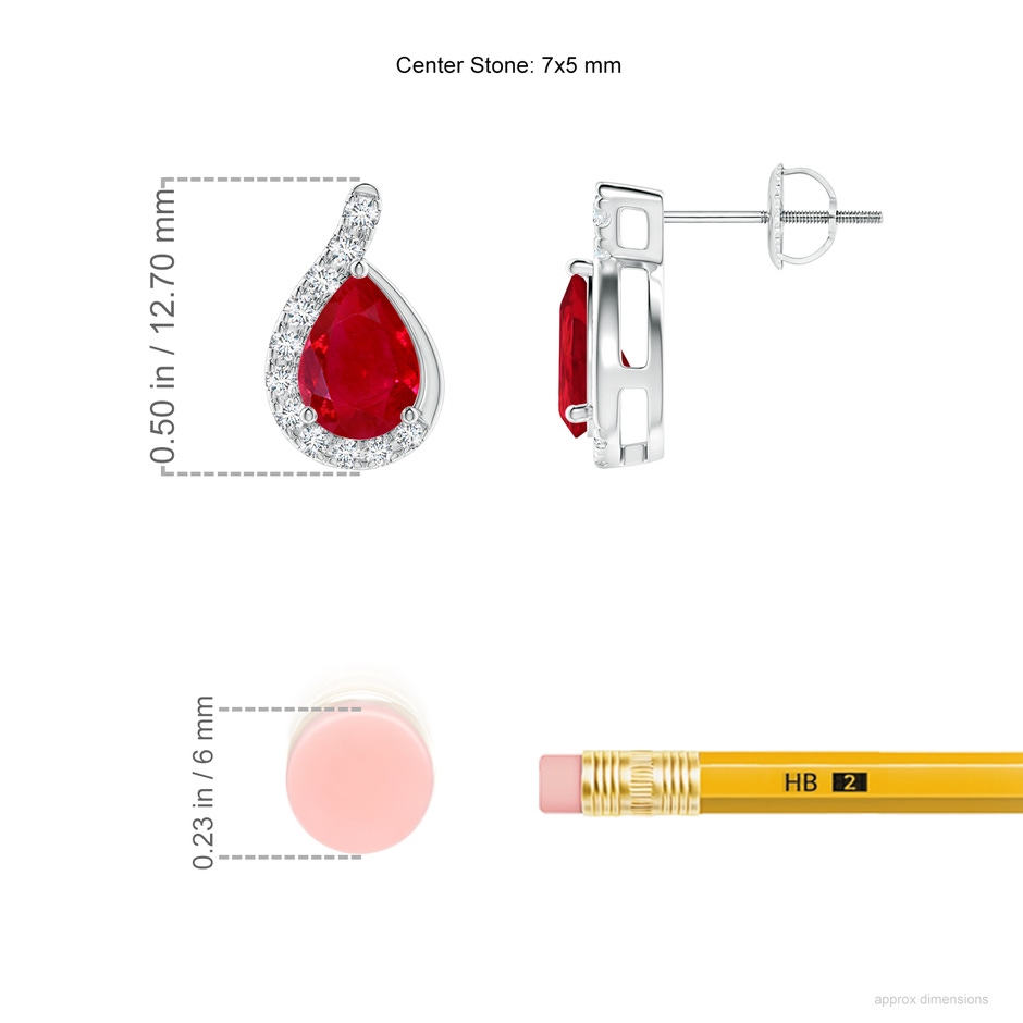7x5mm AAA Pear Ruby Earrings with Diamond Swirl Frame in White Gold ruler