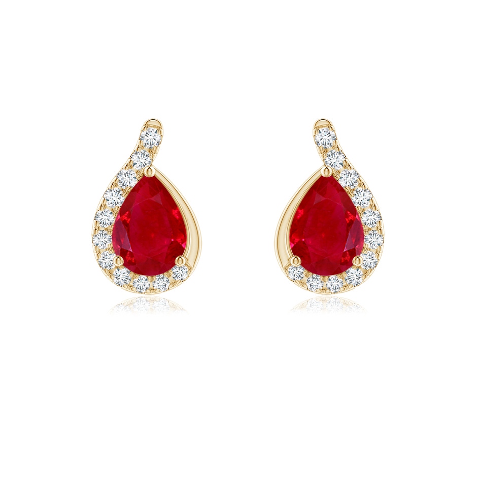7x5mm AAA Pear Ruby Earrings with Diamond Swirl Frame in Yellow Gold 