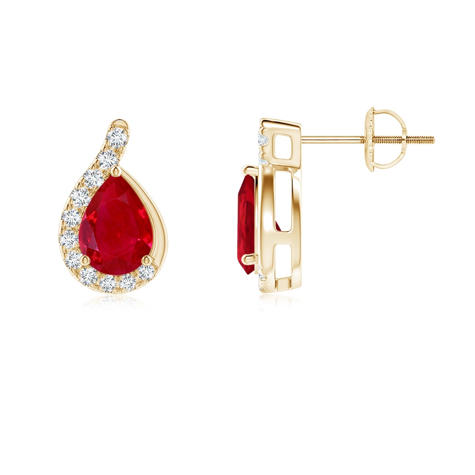 7x5mm AAA Pear Ruby Earrings with Diamond Swirl Frame in Yellow Gold side 199
