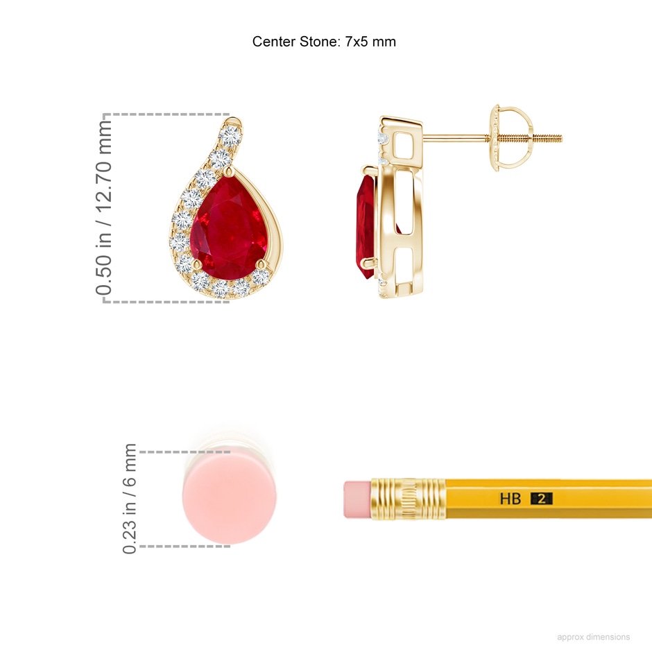 7x5mm AAA Pear Ruby Earrings with Diamond Swirl Frame in Yellow Gold ruler