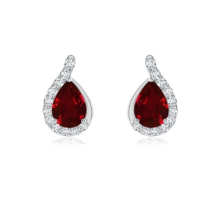 7x5mm AAAA Pear Ruby Earrings with Diamond Swirl Frame in 9K White Gold