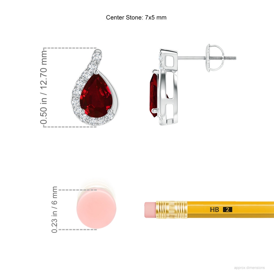 7x5mm AAAA Pear Ruby Earrings with Diamond Swirl Frame in P950 Platinum ruler
