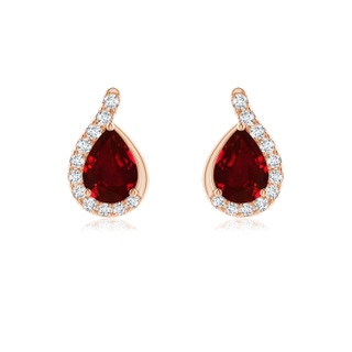 7x5mm AAAA Pear Ruby Earrings with Diamond Swirl Frame in Rose Gold