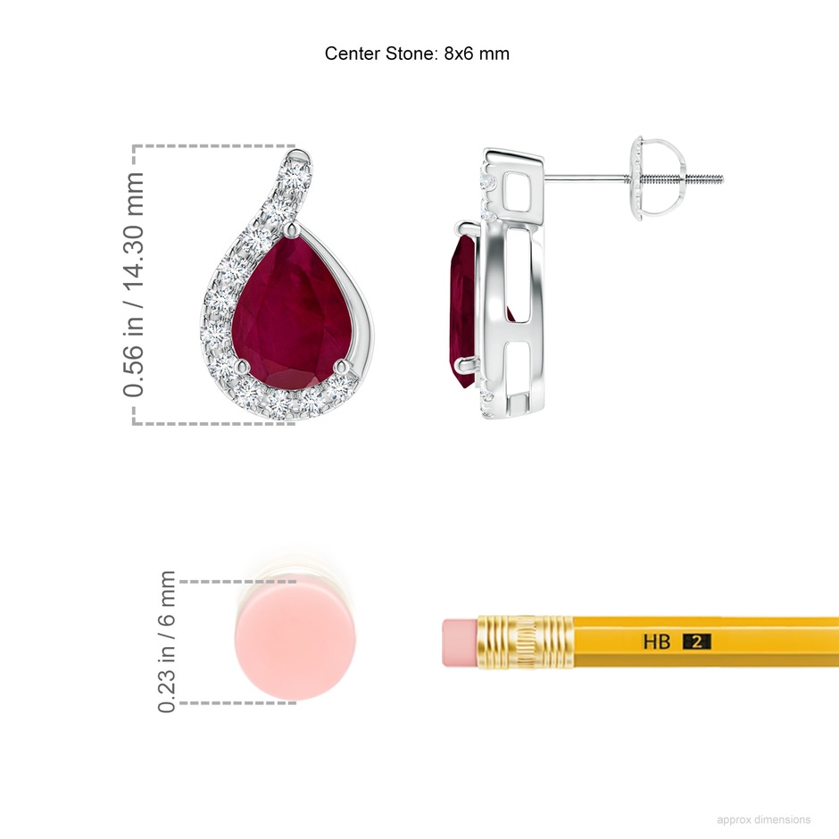 8x6mm A Pear Ruby Earrings with Diamond Swirl Frame in White Gold ruler