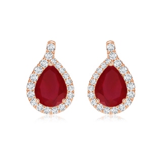 8x6mm AA Pear Ruby Earrings with Diamond Swirl Frame in Rose Gold