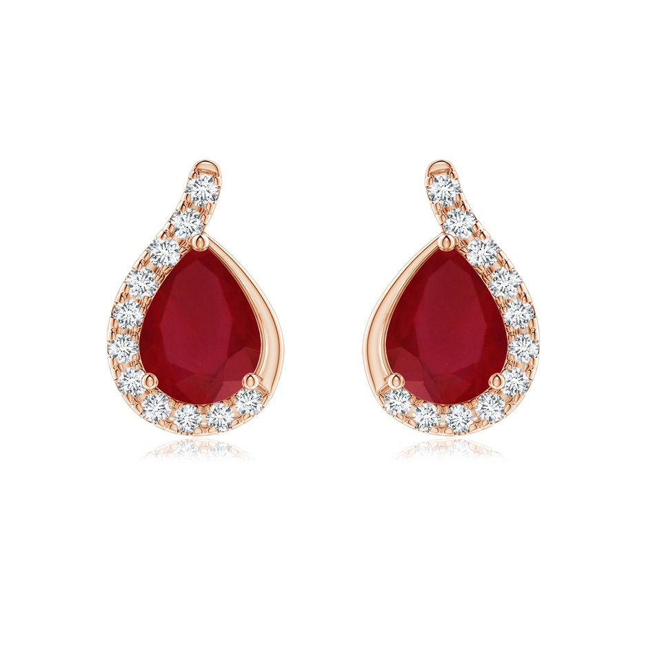 8x6mm AA Pear Ruby Earrings with Diamond Swirl Frame in Rose Gold 