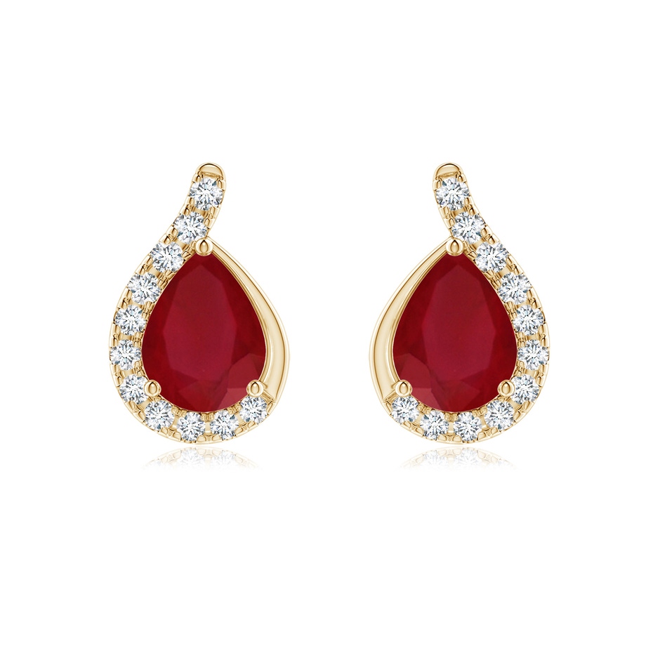 8x6mm AA Pear Ruby Earrings with Diamond Swirl Frame in Yellow Gold 